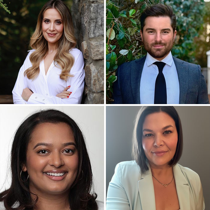 Four PR gurus posing individually in professional settings, illustrating experts linked to PR gurus cutting ties with Prince Harry and Meghan Markle.