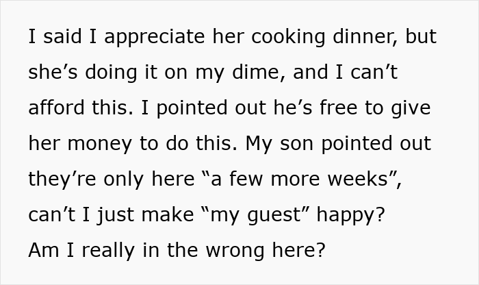 Alt text: Text conversation about mom accused of embarrassing son&rsquo;s girlfriend who offered to cook meals but strained finances.