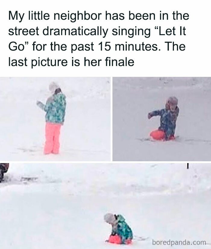 Child in colorful winter clothes dramatically singing outside, captured in a series of funny movie memes moments.