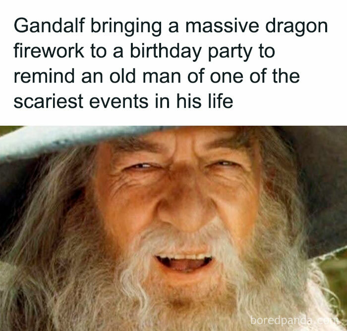 Gandalf meme referencing a dragon firework, humorously highlighting movie memes funnier than bloopers.