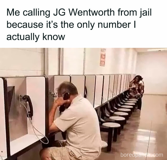 Man making a phone call from jail booth, illustrating a funny movie meme about jail calls and movie memes humor.