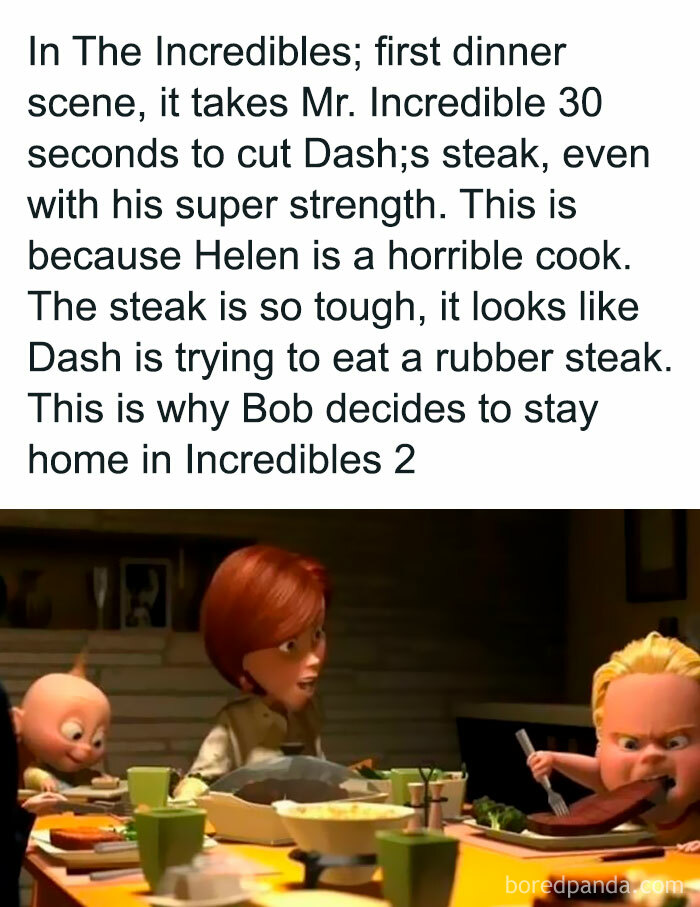Scene from The Incredibles showing a family dinner with Dash struggling to eat a tough steak in funny movie memes.