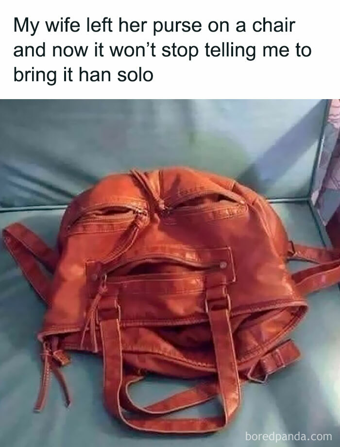 A brown purse on a chair resembling a face, featured in a collection of funny movie memes.