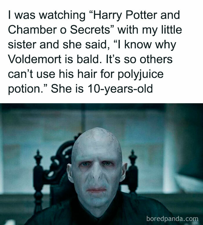 Funny movie meme about Voldemort’s baldness with a humorous explanation from a 10-year-old sister.