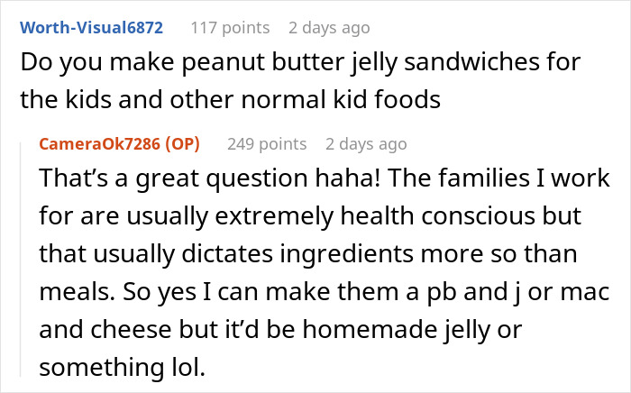Screenshot of a nanny to the ultra-wealthy answering questions about healthy kid foods and life behind closed doors.