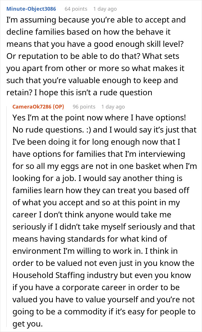 Screenshot of a Reddit conversation discussing what makes a nanny to the ultra-wealthy valuable and respected in their career.