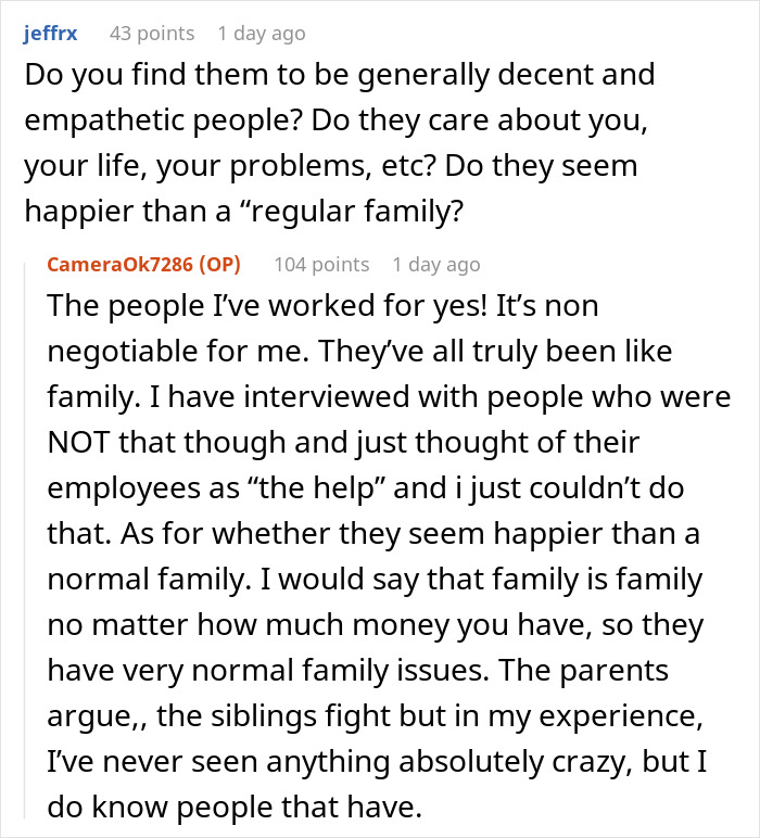 Conversation snippet showing insights from a nanny to the ultra-wealthy about family dynamics and empathy behind closed doors.