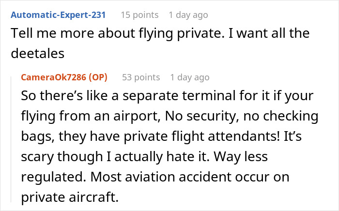 Chat exchange where nanny to the ultra-wealthy discusses private flying experiences and behind-the-scenes insights.