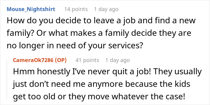 Alt text: Excerpt of a Q&A where a nanny to the ultra-wealthy explains leaving jobs as children grow or families move.