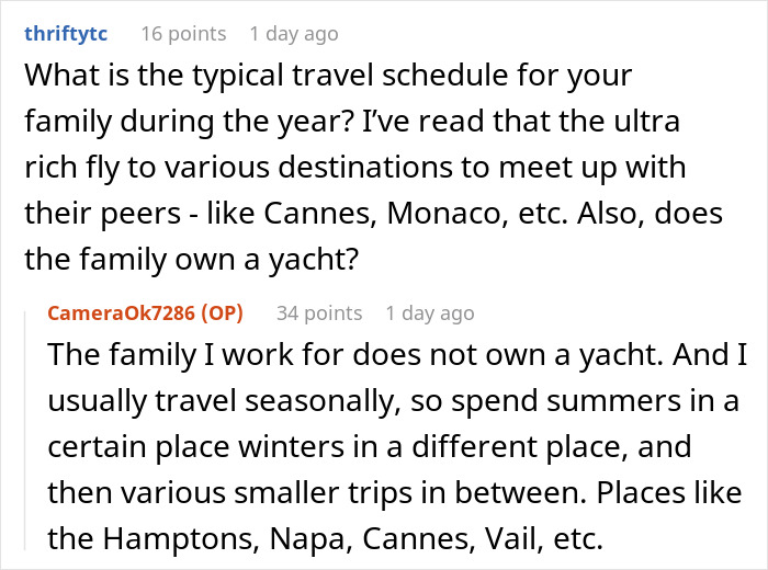 Alt text: Excerpt from a Q&A where a nanny to the ultra-wealthy discusses travel habits and lifestyle details of wealthy families.
