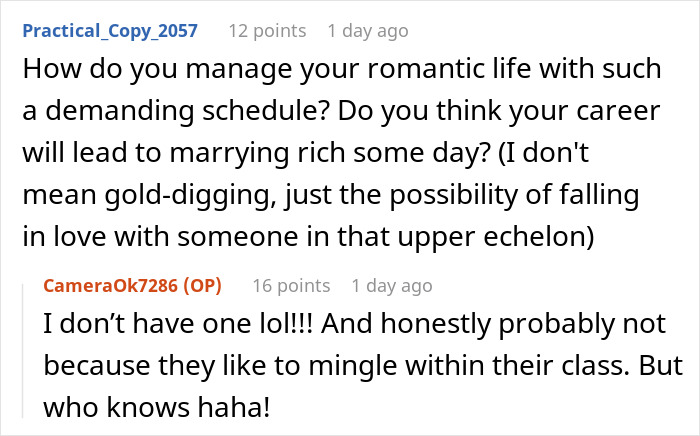 Conversation screenshot showing a nanny to the ultra-wealthy answering questions about romantic life amid a demanding schedule.