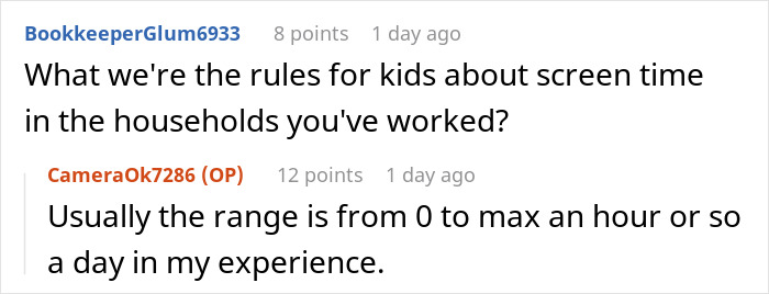 Screenshot of a Q&A discussing nanny experiences with screen time rules in ultra-wealthy households.