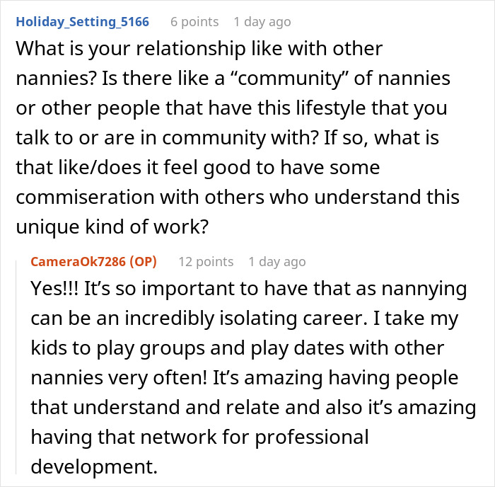 Conversation screenshot showing a nanny discussing the importance of community for nannies to the ultra-wealthy.