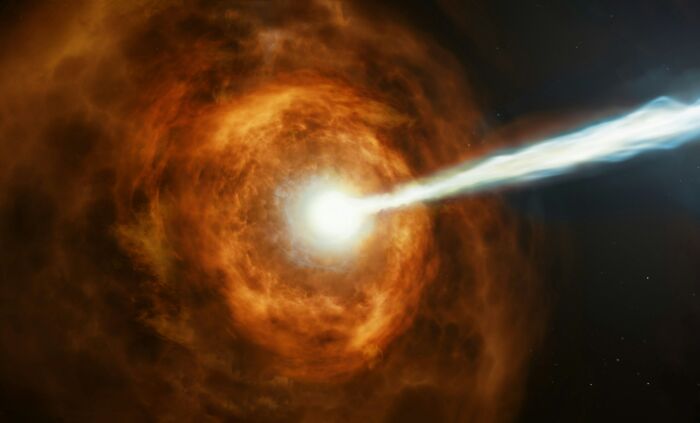 Bright cosmic explosion with powerful jet in space illustrating disturbing science facts about the universe.