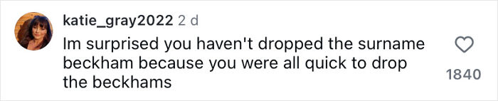 Instagram comment from user katie_gray2022 expressing surprise about the Beckham surname amid fan discussions of Brooklyn&rsquo;s wife Nicola Peltz.