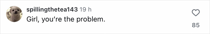 Instagram comment from user spillingthetea143 saying Girl, you&rsquo;re the problem, with 85 likes, referencing fans thinking Brooklyn&rsquo;s wife Nicola Peltz and Victoria exchanged subtle jabs.