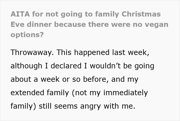 Text excerpt about not attending family Christmas Eve dinner due to no vegan options causing family tension and anger.
