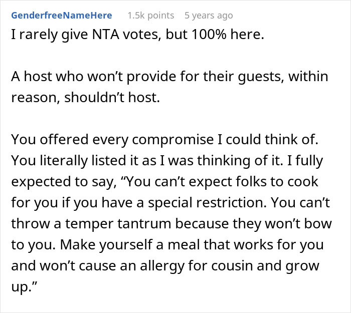 Comment discussing lack of no vegan options at Christmas Eve dinner and expectations of hosts providing for guests.