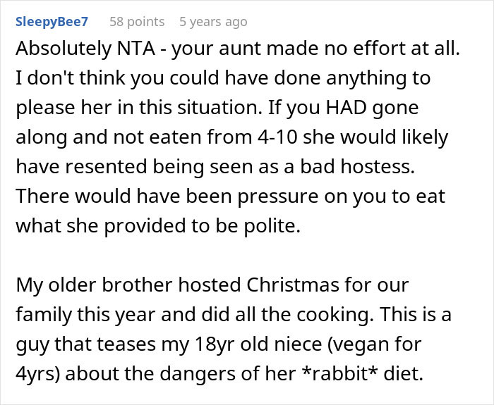 Comment on Reddit discussing lack of no vegan options Christmas Eve dinner and family holiday hosting challenges.