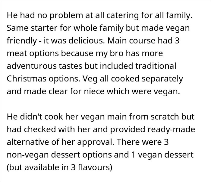 Catering Christmas Eve dinner with no vegan options but offering separate vegan-friendly dishes and clear labeling.