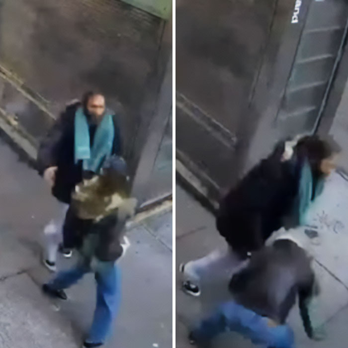 Surveillance images showing a viral video capturing a shove incident involving a friend of NYU shove victim and serial creep.