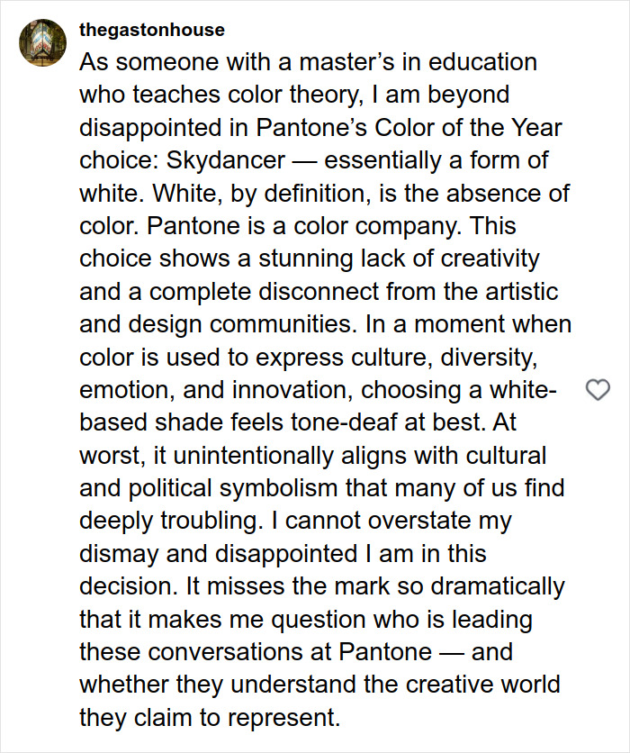 Comment expressing disappointment in Pantone&rsquo;s Color of the Year choice Skydancer sparking online backlash over racism claims.