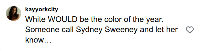 Social media comment referencing Sydney Sweeney and Pantone&rsquo;s controversial color of the year debate.