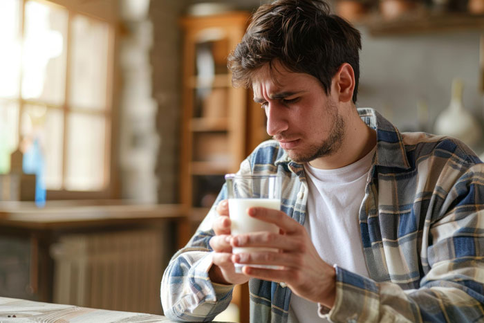 Young man in a plaid shirt looking concerned holding a glass of milk, highlighting parents lied about allergies.