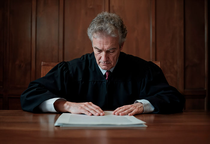 Judge in black robe reading documents at a wooden desk, symbolizing judgment in vain selfish unloving sociopath cases.
