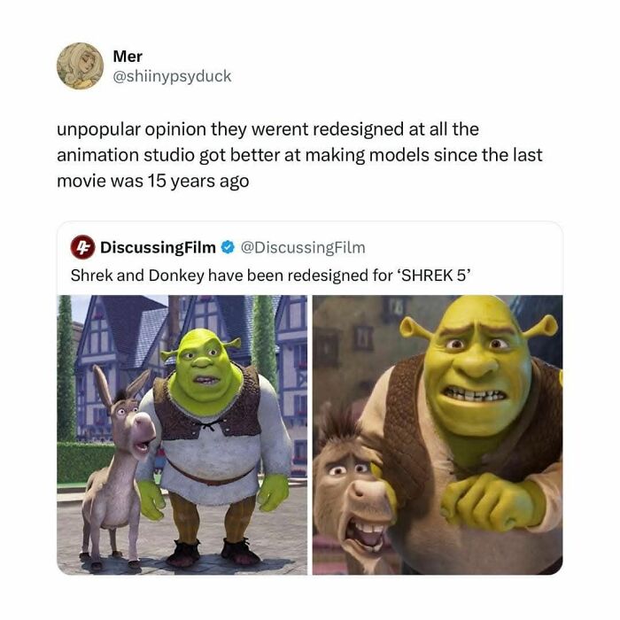 Shrek and Donkey redesigned in animation, with a humorous take on failing to fix character models over 15 years.