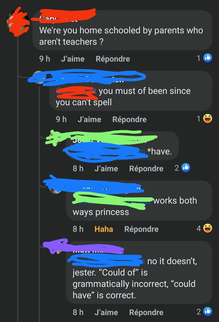 Screenshot of a humorous online argument showing people failing to correct grammar while trying to fix others.