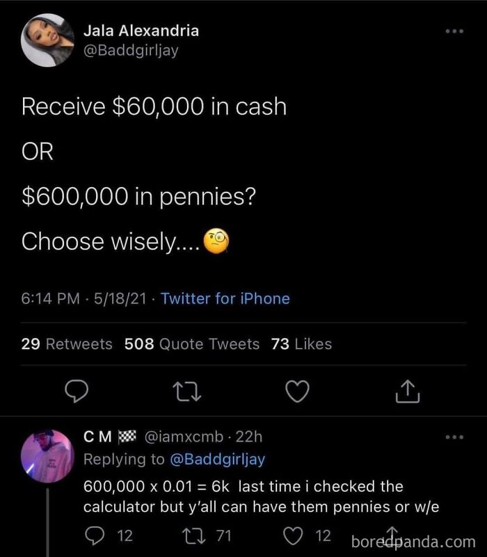 Twitter exchange showing a humorous attempt to fix others with a math fail involving $600,000 in pennies.