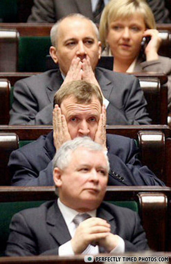 Three men in suits sitting in rows with perfectly timed expressions, capturing an impressive moment.