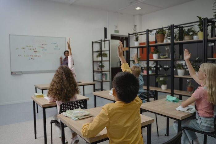 Students in a classroom raising hands to answer questions, illustrating curiosity about disturbing truths and horrifying information.