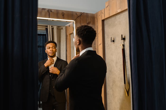 Young Black man transforming his look by adjusting his suit and tie while looking into a mirror in a stylish room.