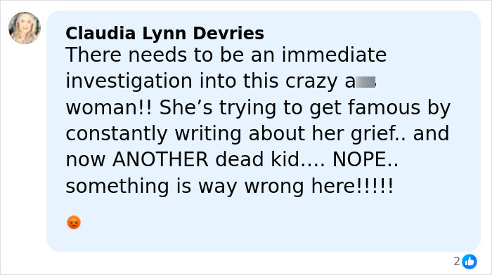 Comment on social media questioning influencer's daughter passing away at Christmas and suspicions around another daughter's death.