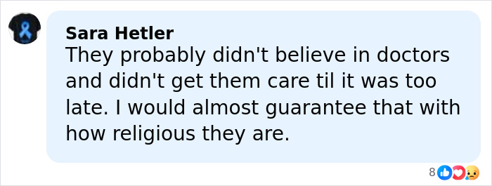 Comment by Sara Hetler discussing belief in doctors and care delay related to religious views, expressing frustration.