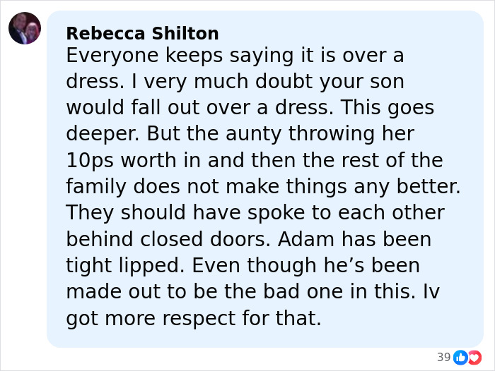 User comment discussing family tensions involving Adam Peaty after Gordon Ramsay's brutal wedding speech.