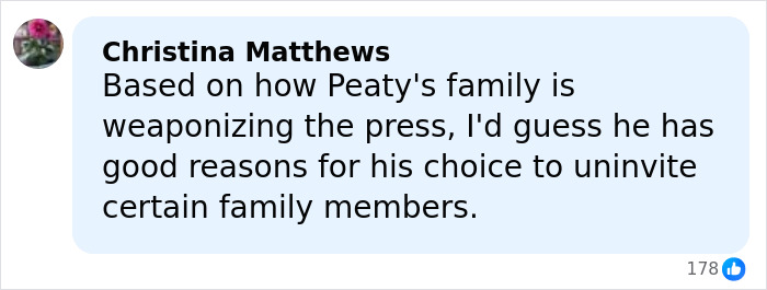 Comment discussing Adam Peaty's family and reasons behind uninviting certain members amid wedding drama with Gordon Ramsay.