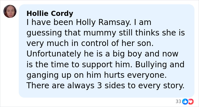 Comment from Hollie Cordy about bullying and support, relating to Gordon Ramsay's brutal speech at daughter's wedding.
