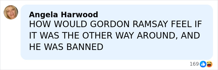 Comment by Angela Harwood in black text on a social media post discussing Gordon Ramsay&rsquo;s reaction to a wedding incident.