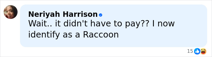 Comment from Neriyah Harrison humorously mentioning identifying as a raccoon after a raccoon raids liquor store incident.