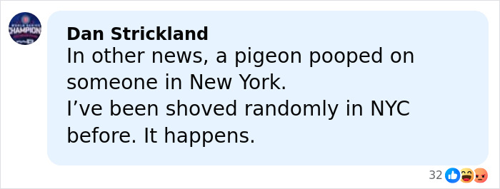 Screenshot of a social media comment mentioning being shoved randomly in NYC, related to NYU shove victim and viral video.