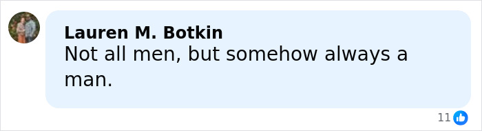 Comment by Lauren M. Botkin saying "Not all men, but somehow always a man" on a social media post about NYU shove victim case.