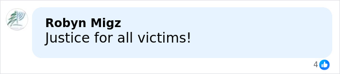 Comment by Robyn Migz saying Justice for all victims, related to chilling toddler's foot appearing beside Epstein in exposed files.