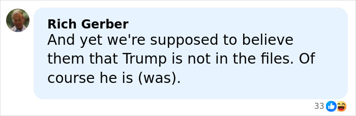 Comment by Rich Gerber questioning Trump's presence in exposed Epstein files, sharing a skeptical opinion online.