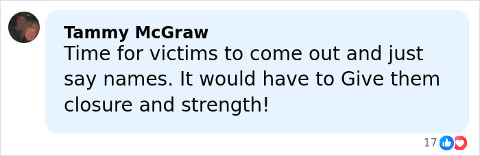 Comment by Tammy McGraw discussing victims coming forward for closure and strength related to toddler's foot photo beside Epstein.