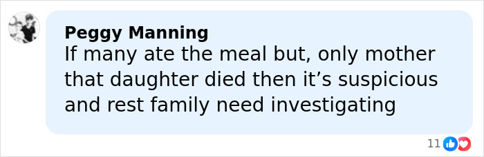 Facebook comment by Peggy Manning questioning the suspicious death of an Italian mother and daughter after Christmas dinner.