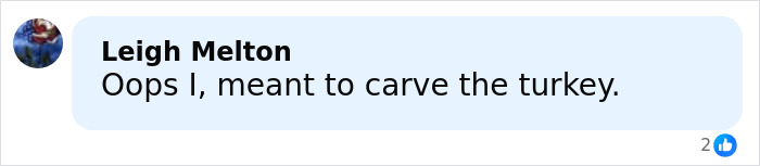 Social media post showing Leigh Melton commenting about carving a turkey with casual profile picture and light blue background.