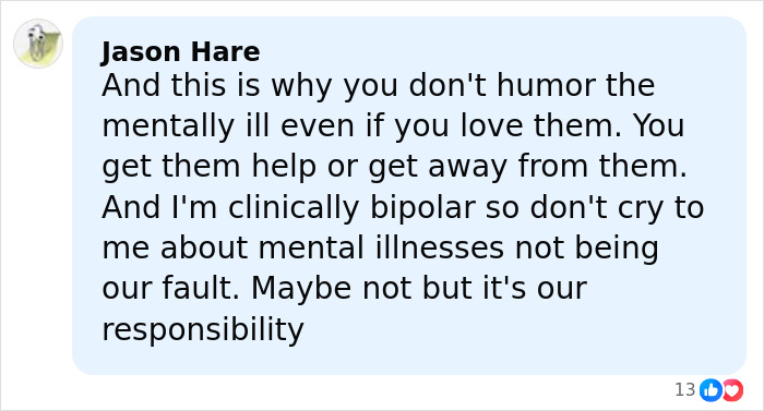 Facebook comment from Jason Hare discussing the need for help with mental illness and responsibility with bipolar disorder.